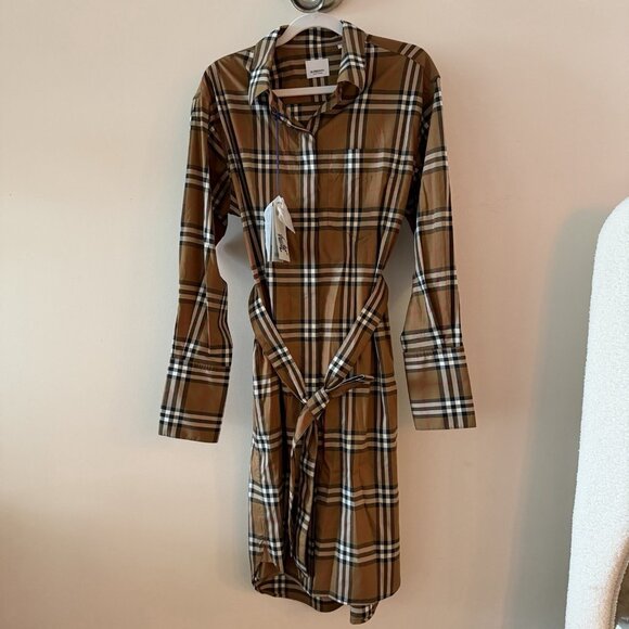 NWT Burberry Giovanna Beige Check Plaid Shirtdress Shirt Dress US Size 10 - Picture 3 of 7